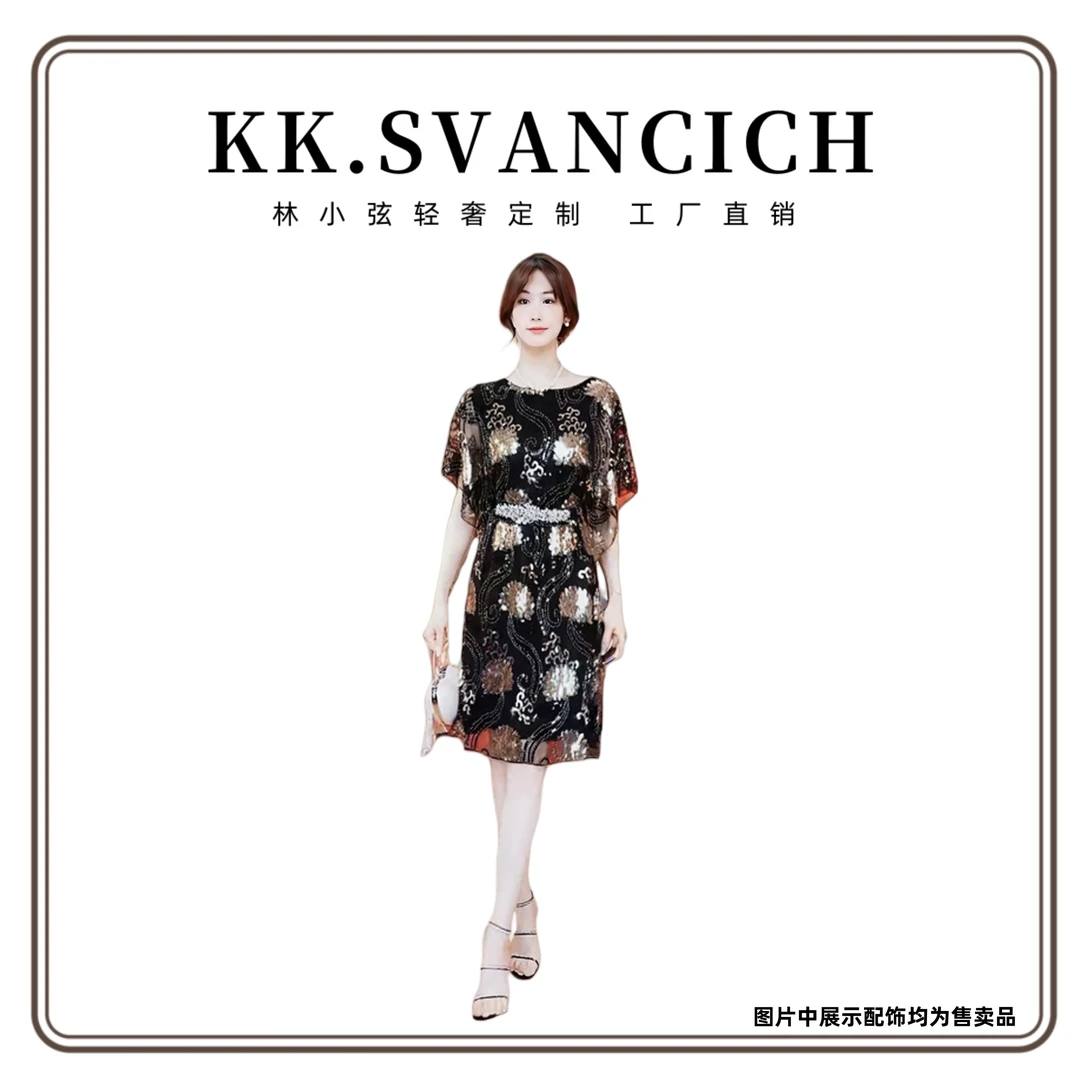 293赫本风复古新款夏季减龄重工钉珠亮片蝙蝠袖花朵连衣裙