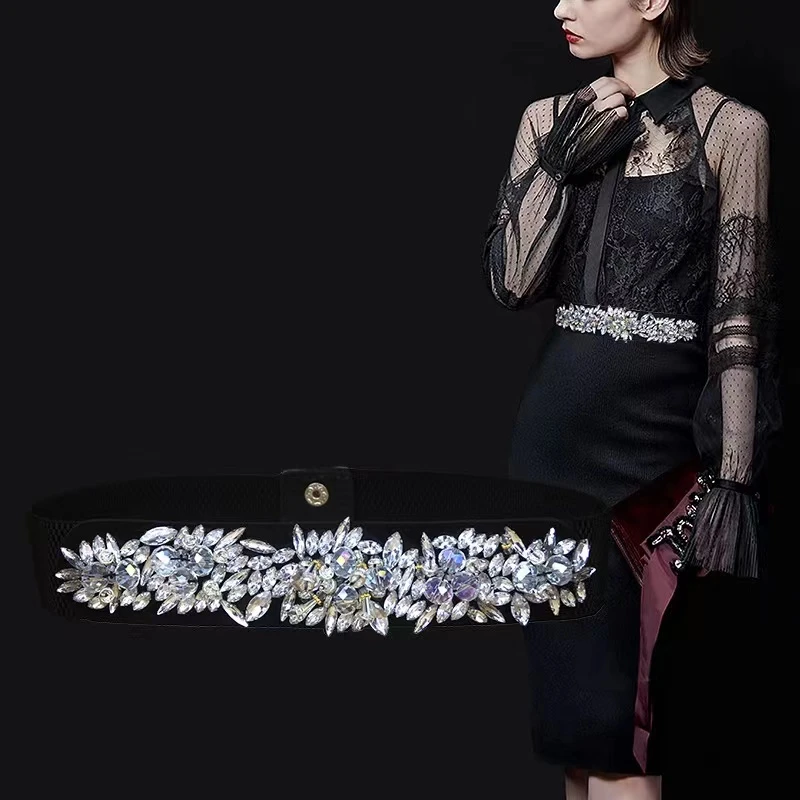 欧美新款时装腰带晚会晚宴纯手工穿水晶水钻礼服腰带弹力松紧腰封
