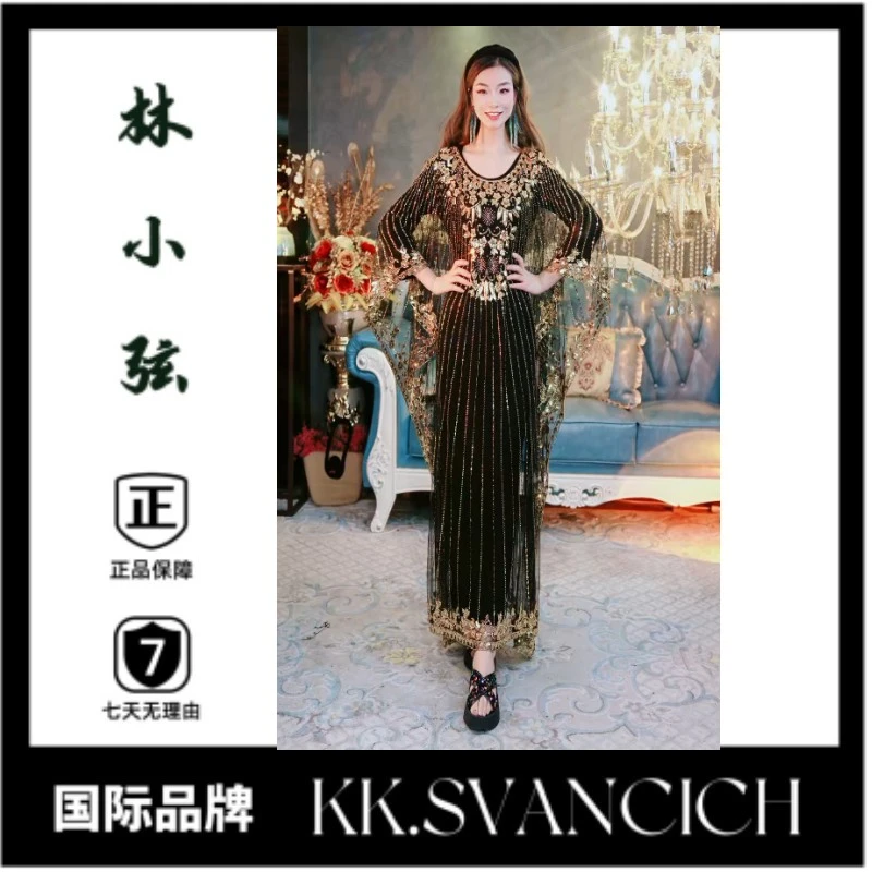 【女神雅典娜】超重工中东贵妇亮片钉珠蝙蝠袖连衣裙弹力松紧腰围-1