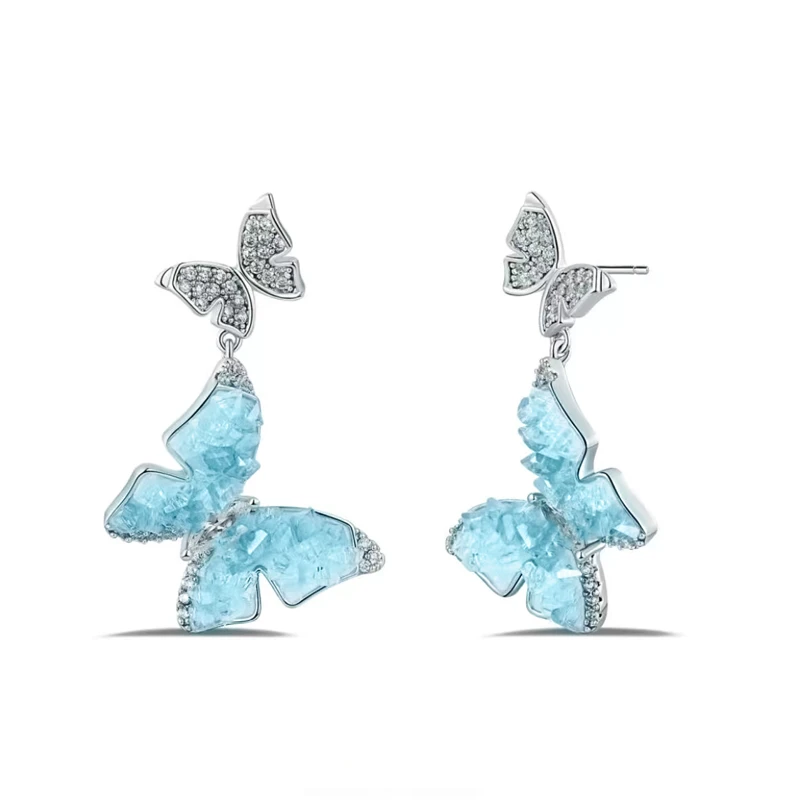 合金合成锆石耳饰 时尚百搭碎晶晶蓝色双蝴蝶耳饰 ZR-A222