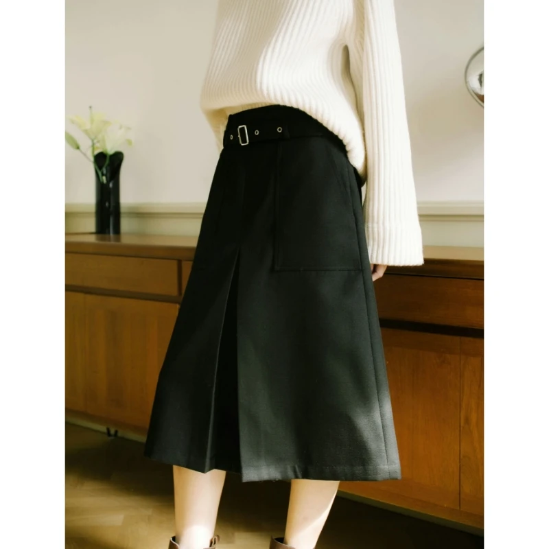 MADE OF SENSES精纺羊毛气质工字褶高腰半裙22年秋冬高腰长裙新款