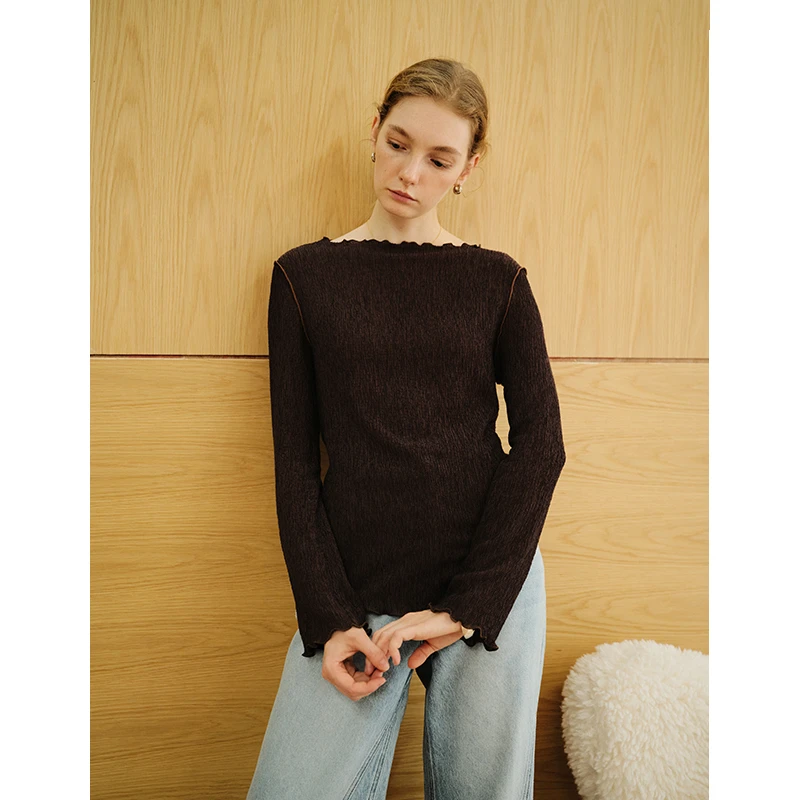 MADE OF SENSES秋冬23新款女士一字领木耳边打底衫弹力肌理感上衣