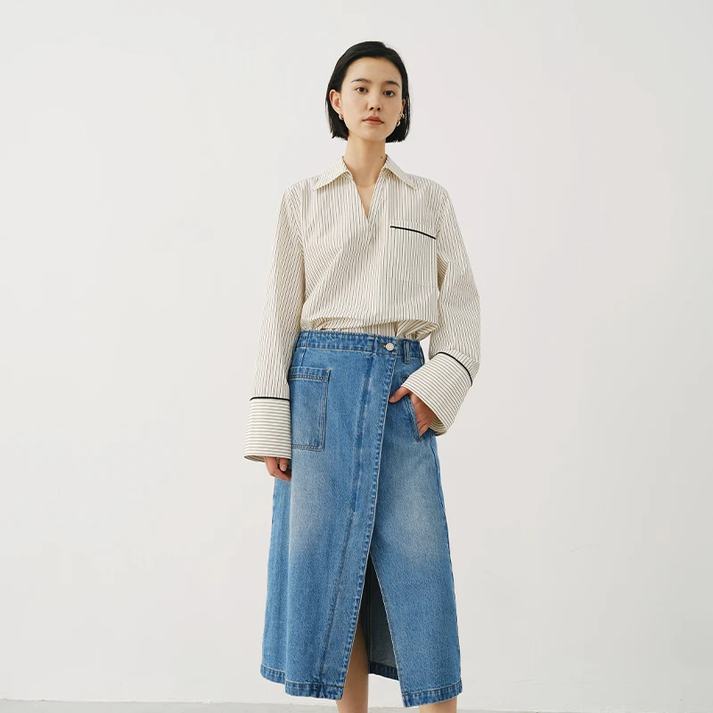 MADE OF SENSES23新款春夏纯色条纹衬衣V领长袖套头衬衫原创设计