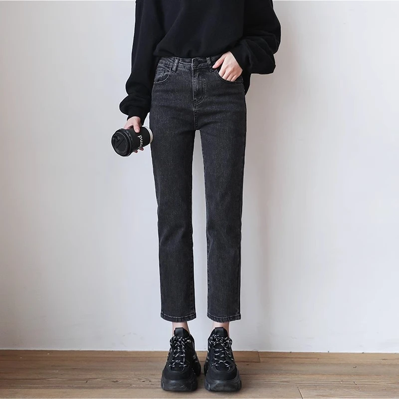 韩国黑灰色直筒牛仔裤女高腰2024秋冬加绒显瘦显高法棍九分烟管裤