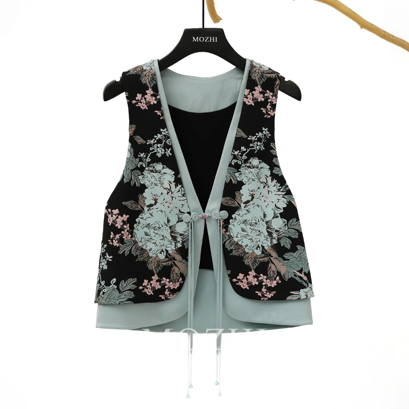 墨汁原创新中式国风水墨无袖V领小外套复古外搭真丝提花马甲09327