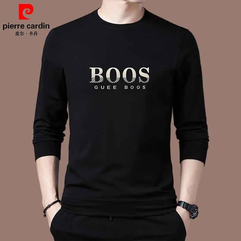 皮尔卡丹正品圆领秋季男上衣高档休闲上衣印花新款中青年男装潮流