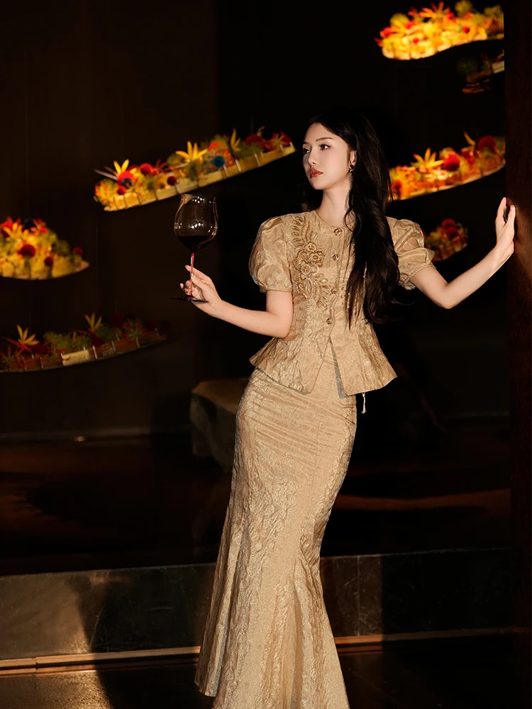 LRL【金玉宴】原创气质轻奢法式显瘦复古衬衫半裙夏季套装RL024217