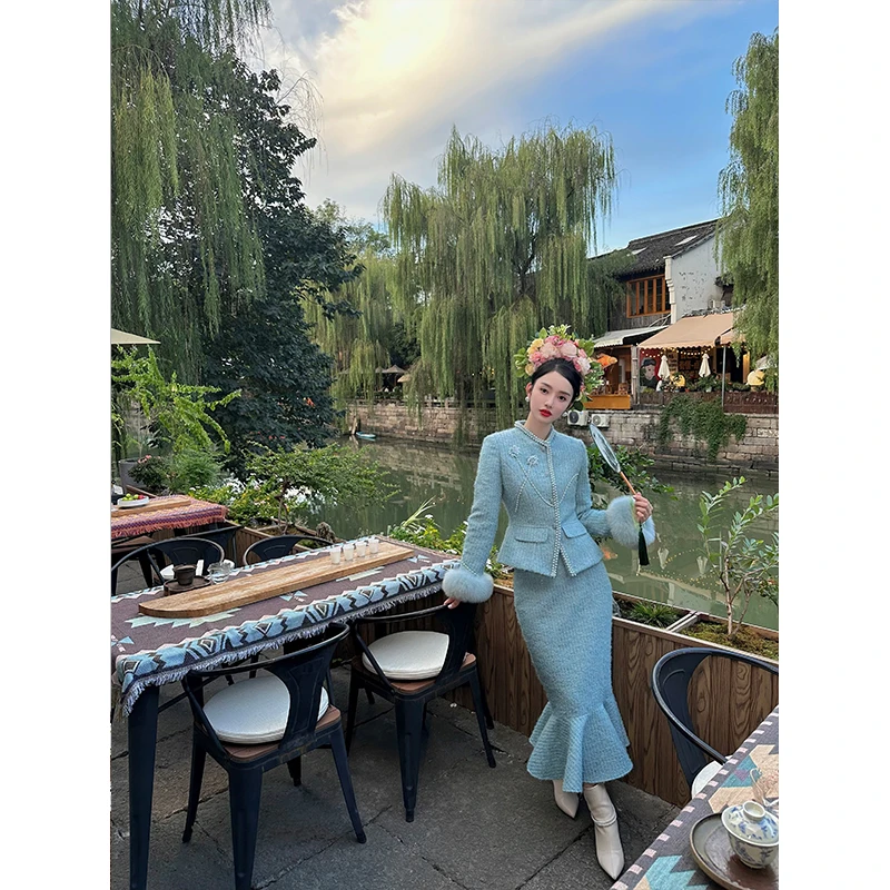 LRL【长歌行】2原创设计师款修身时尚名媛显瘦羊毛羽绒套装RL023254