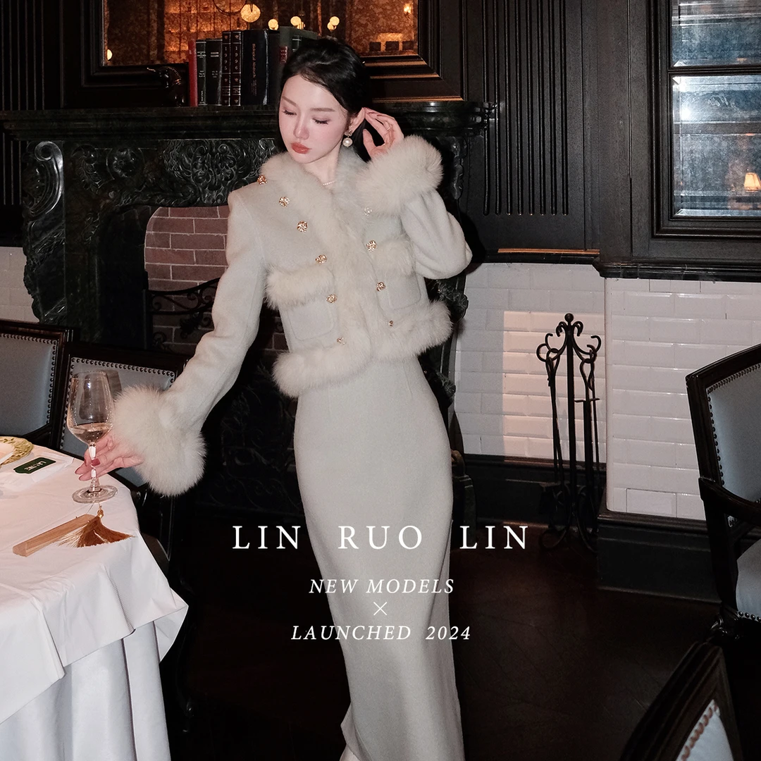 LRL【蓝田玉暖】原创设计款复古气质狐狸毛双面羊毛套装RLYM02359