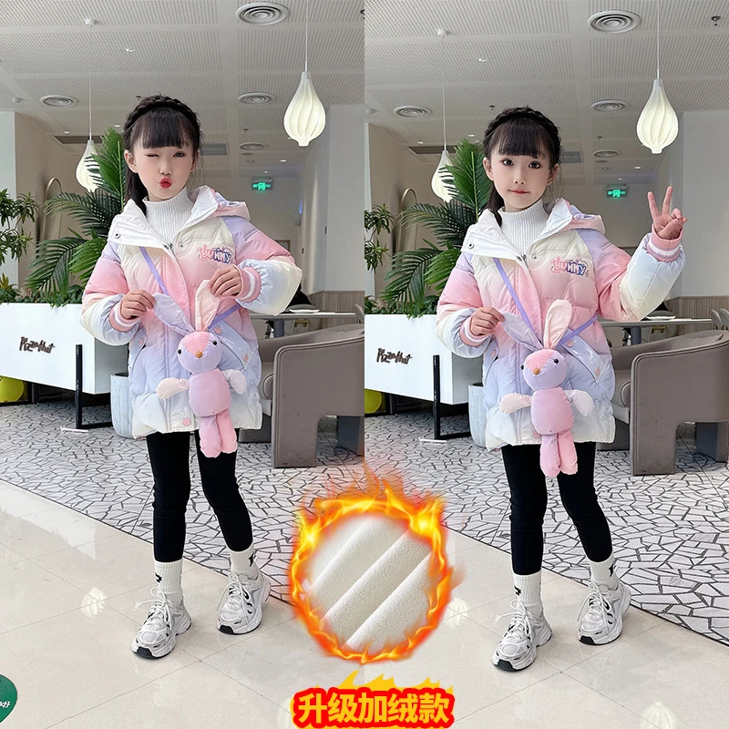 女童棉服新款韩版洋气加厚免洗棉服中长款连帽棉衣女童中长款棉服