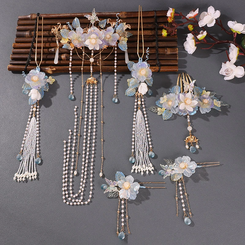 新中式古装汉服超仙发饰套装超仙流苏发簪发簪古风琉璃饰品配饰女