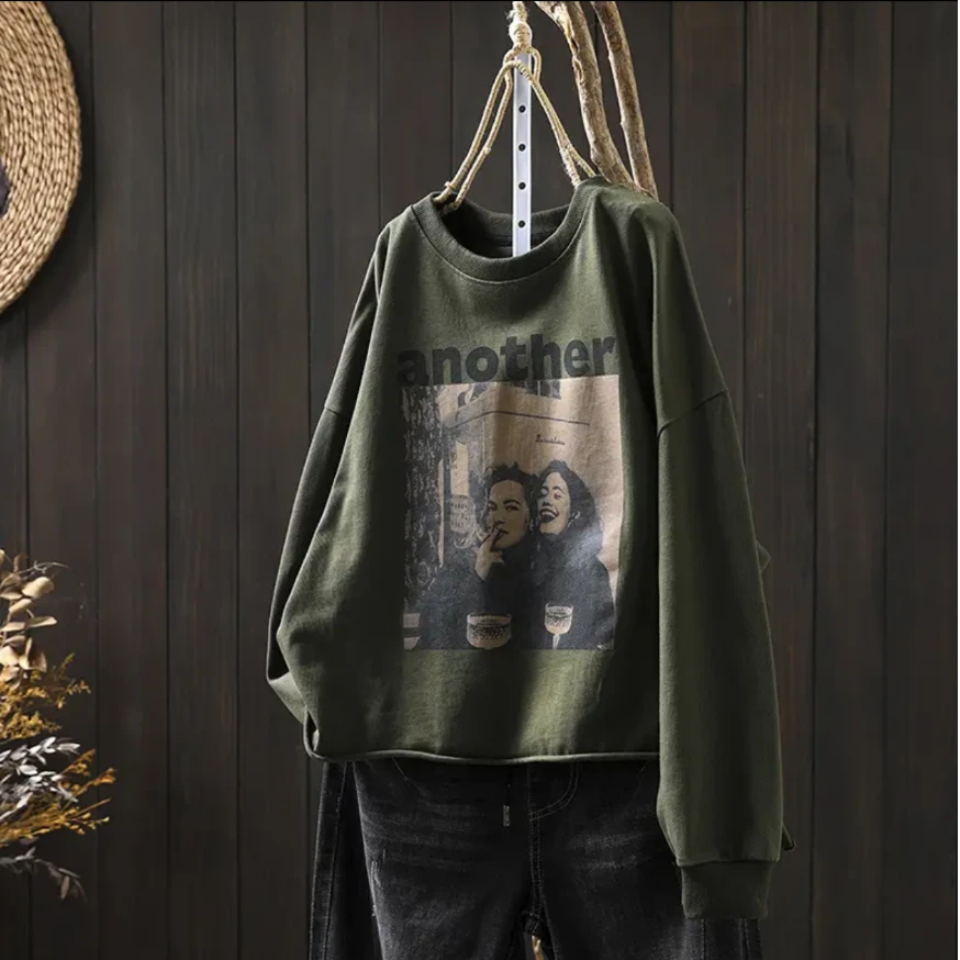 2025新款时尚百搭宽松休闲复古文艺韩版圆领拼接印花打底卫衣上衣