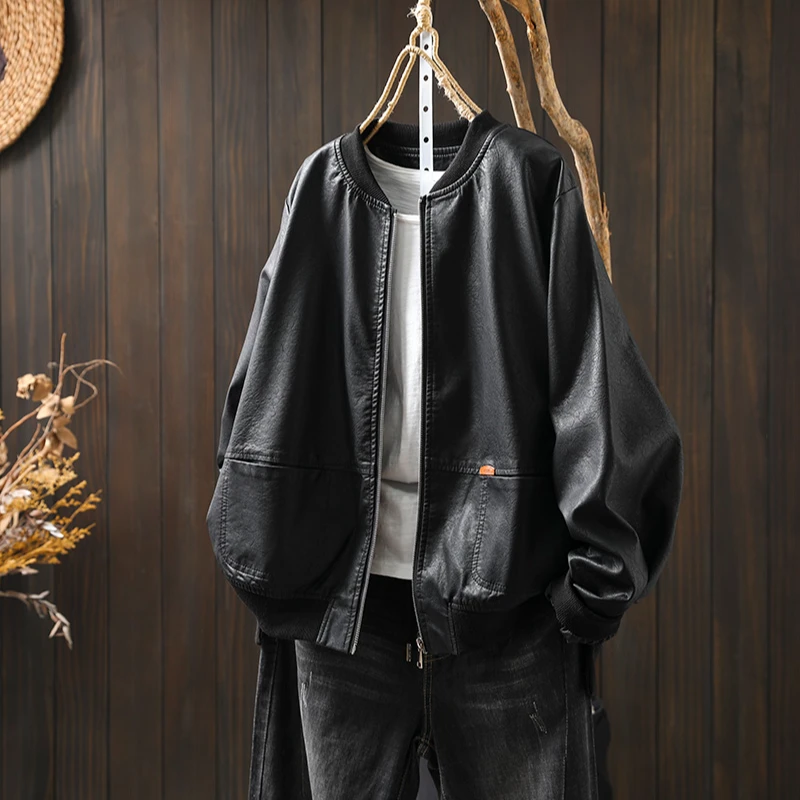立领双口袋pu皮衣外套女宽松显瘦春秋新休闲百搭酷飒机车服棒球服
