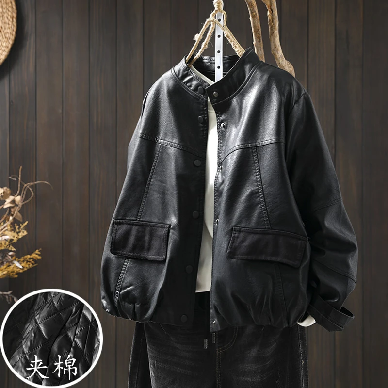 立领夹棉pu皮衣外套女短款宽松加厚冬复古休闲黑色皮衣棉服机车服
