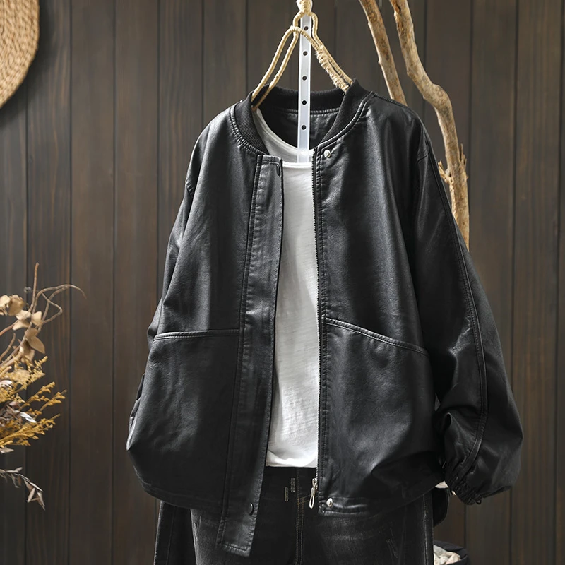 立领黑色pu皮衣外套女宽松大码春秋个性休闲帅气百搭夹克机车服潮