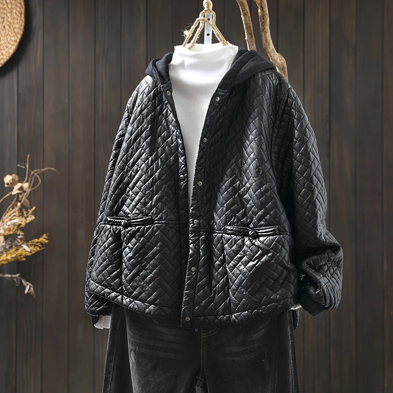 加绒加厚菱格连帽皮衣外套女宽松冬季复古休闲夹棉保暖pu皮衣棉服