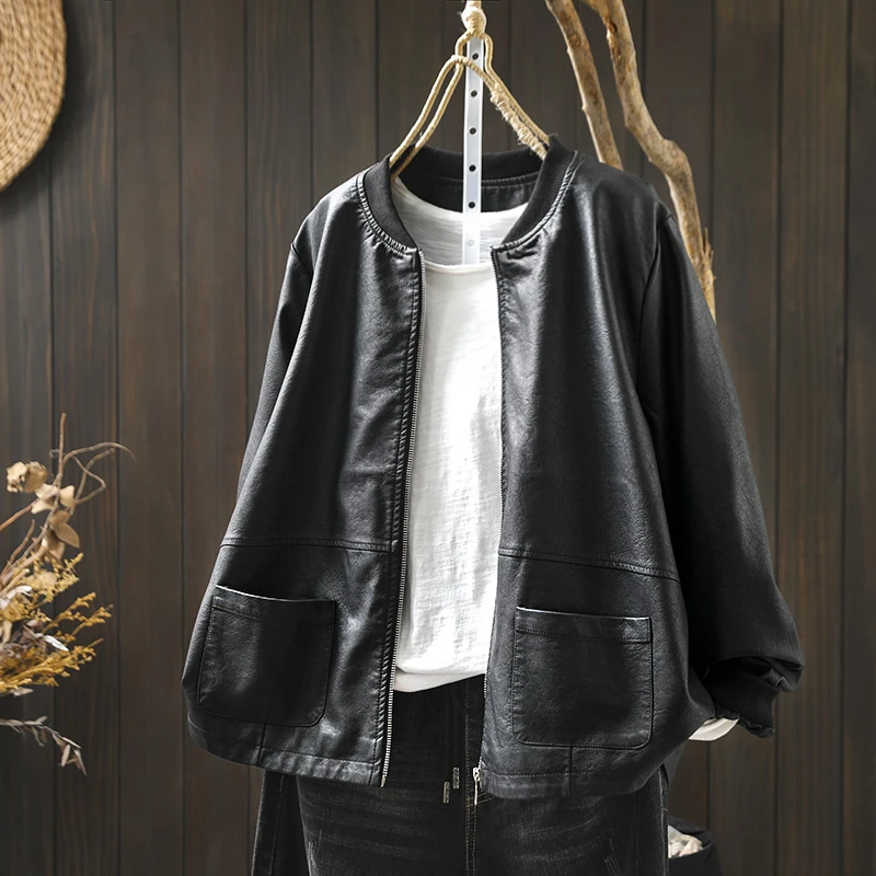 双口袋立领pu皮衣外套女宽松帅气春秋新款港味棒球服夹克机车服潮
