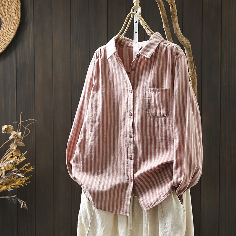 双层棉纱竖条纹长袖衬衫女宽松显瘦夏装新款文艺休闲百搭翻领上衣