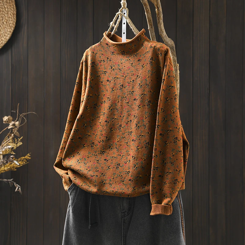 复古半高领花色毛衣套头宽松显瘦冬季新款圆领打底棉线针织线衣潮