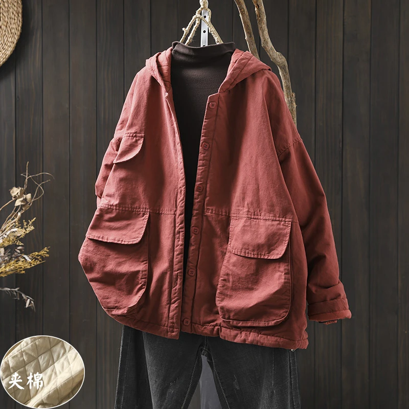 大口袋纯棉连帽夹棉棉服外套女冬季复古休闲宽松大码保暖遮肉棉衣