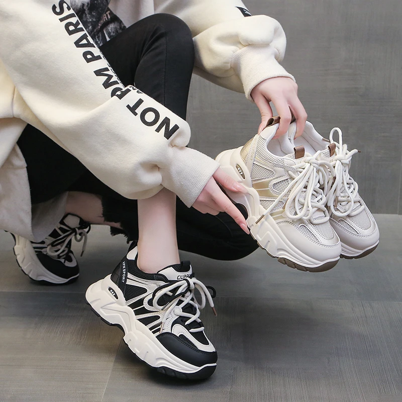 7公分增高老爹鞋女ins网面透气女鞋2024年春季新款厚底百搭运动鞋