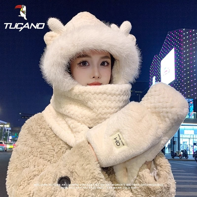 帽子女冬季围巾手套一体连帽可爱加绒围脖保暖防寒加厚毛绒三件套