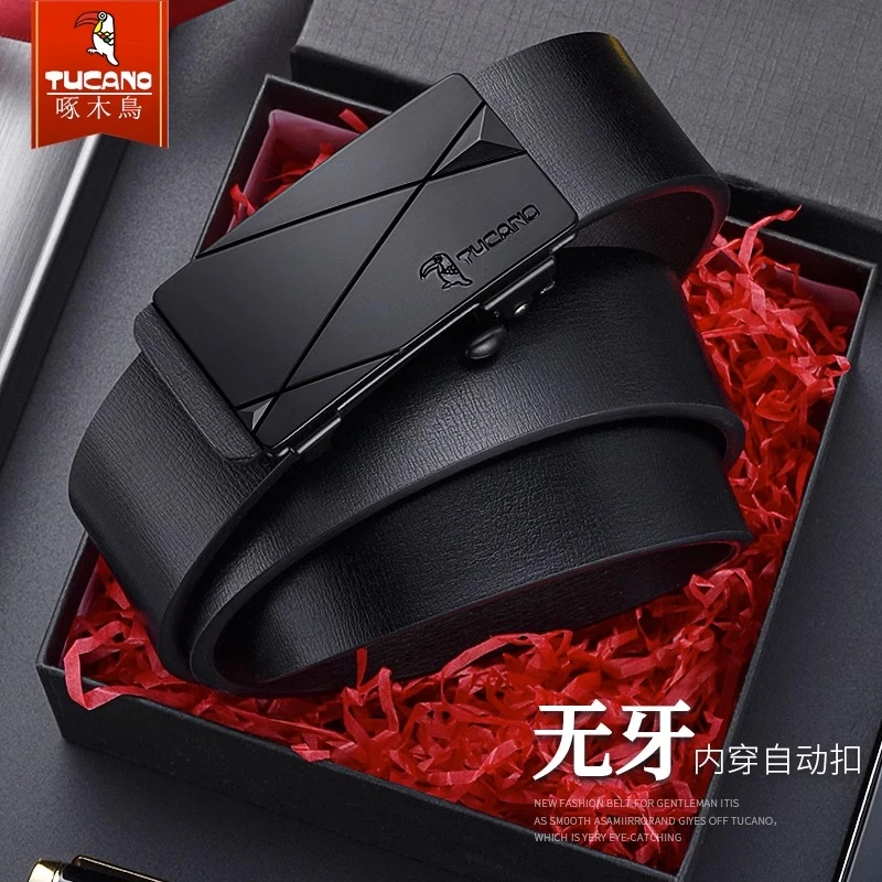 啄木鸟皮带男士青年无牙商务裤带牛皮正品平滑扣中年休闲男裤腰带