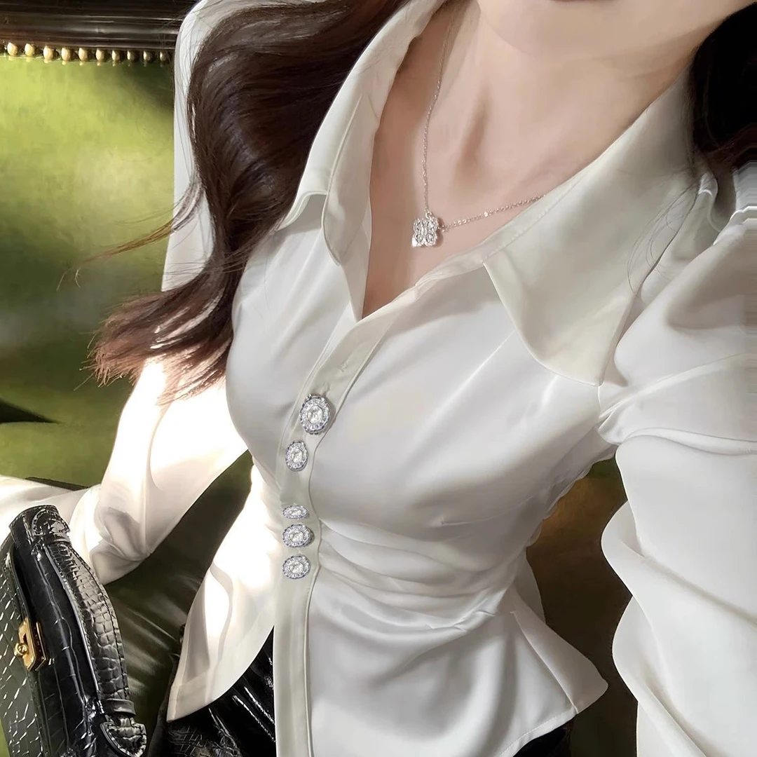 法式长袖领柔光缎面收腰白色衬衫女财阀千金显瘦纯欲上衣辣妹气质