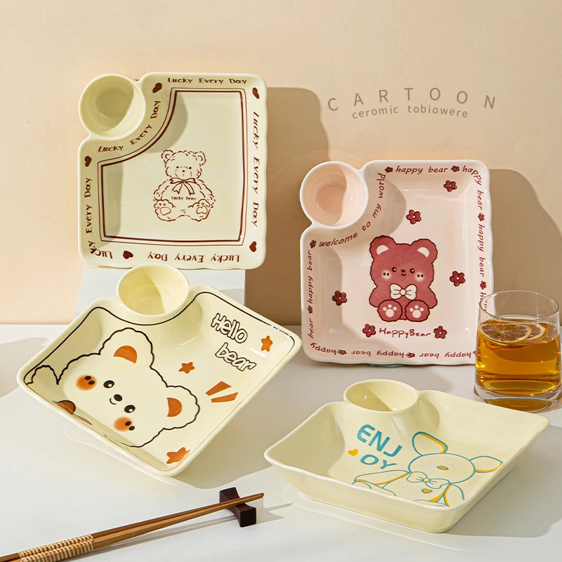 卡通陶瓷饺子专用盘子家网红家用带醋碟可爱水饺盘儿童薯条虾盘