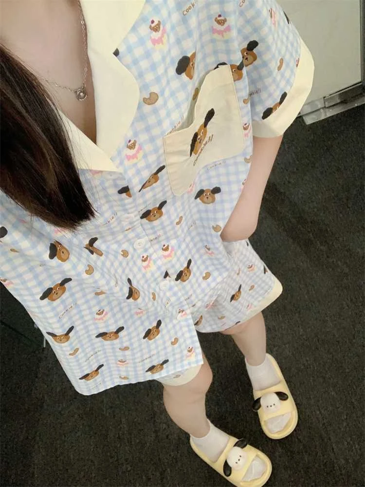 ins格子睡衣居服套装女2024新款夏季卡通撞色刺绣短袖短裤韩版家