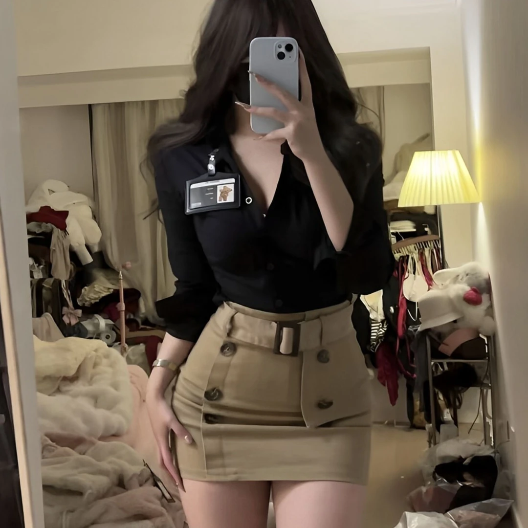 纯欲辣妹jk制服黑色收腰衬衫女修身显瘦上衣半身包臀裙两件套秋季