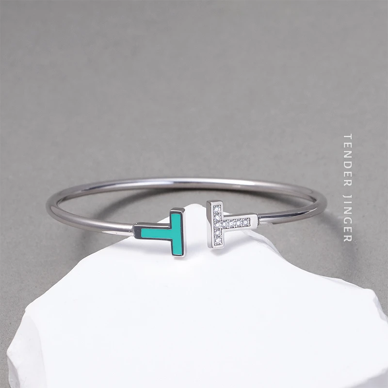 Tender Jinger 925银手镯 经典双T手镯款气质时尚镶钻个性
