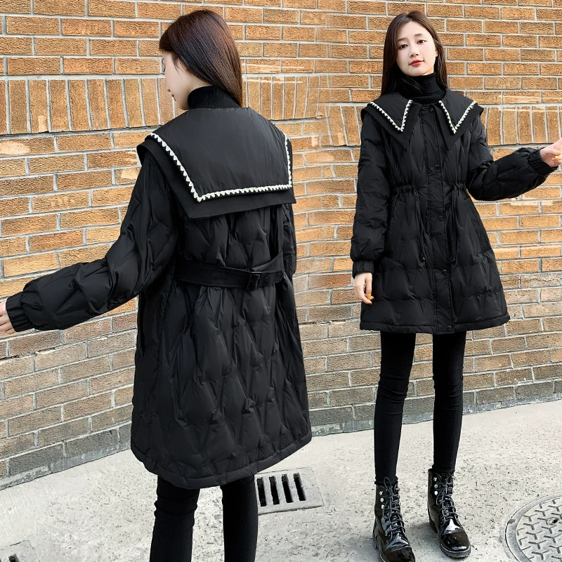 2025年新款女装冬季收腰中长款羽绒服女黑色显瘦海军领白鸭绒外套