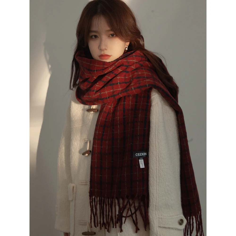 红色格子围巾女款秋冬季加厚保暖情侣围脖韩版新年百搭复古披肩潮