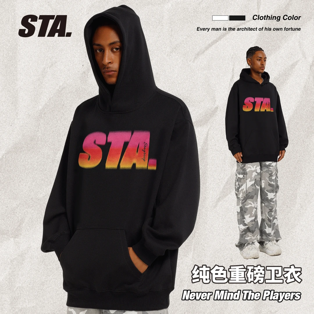 STA国潮400克重连帽卫衣重磅男女同款印花秋冬秋季男上衣百搭国潮