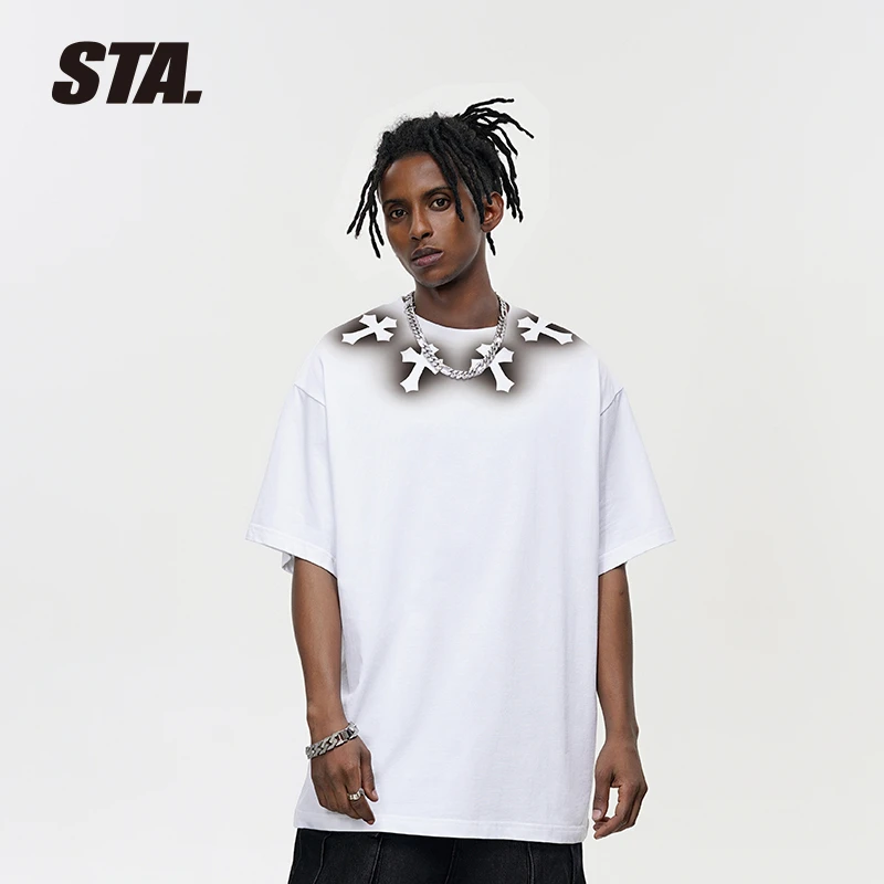 STA短袖t恤男女夏季新款圆领拼接280g纯棉美式短袖上衣同款印花