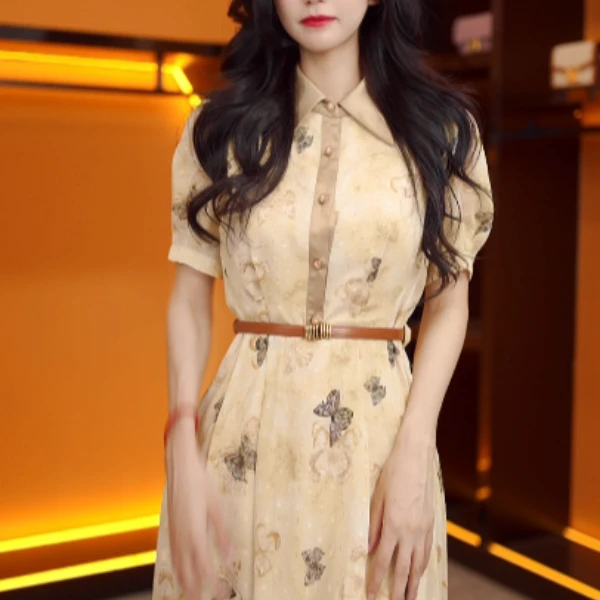 JJ-蝴蝶翩翩| 高级感绸缎拼接翻领收腰连衣裙女