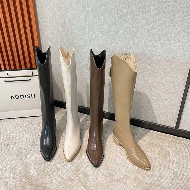 真皮不过膝长筒靴女春秋新款V口显瘦高筒骑士靴尖头粗跟加绒长靴