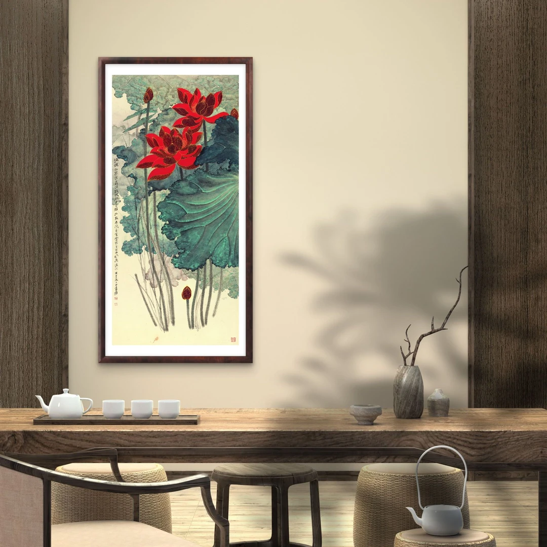 910-55*110金丝荷花中式装饰画实木框玄关书房茶室客厅挂画