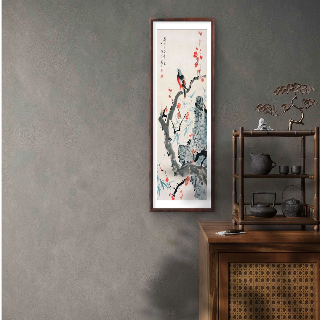 483-40*120喜上眉梢中式装饰画实木框玄关书房茶室客厅挂画
