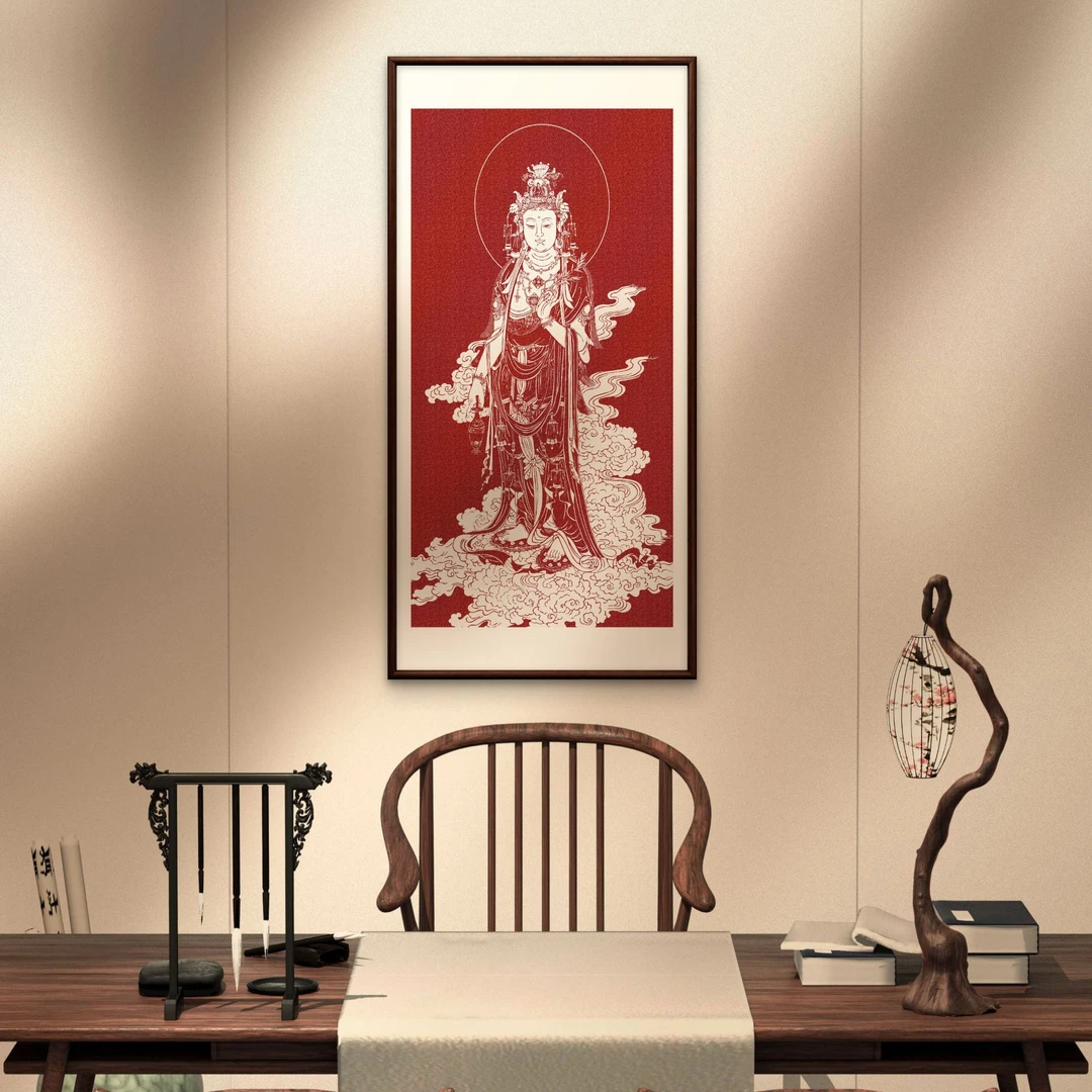 187-55*110观音菩萨红底中式装饰画实木框玄关书房茶室客厅挂画