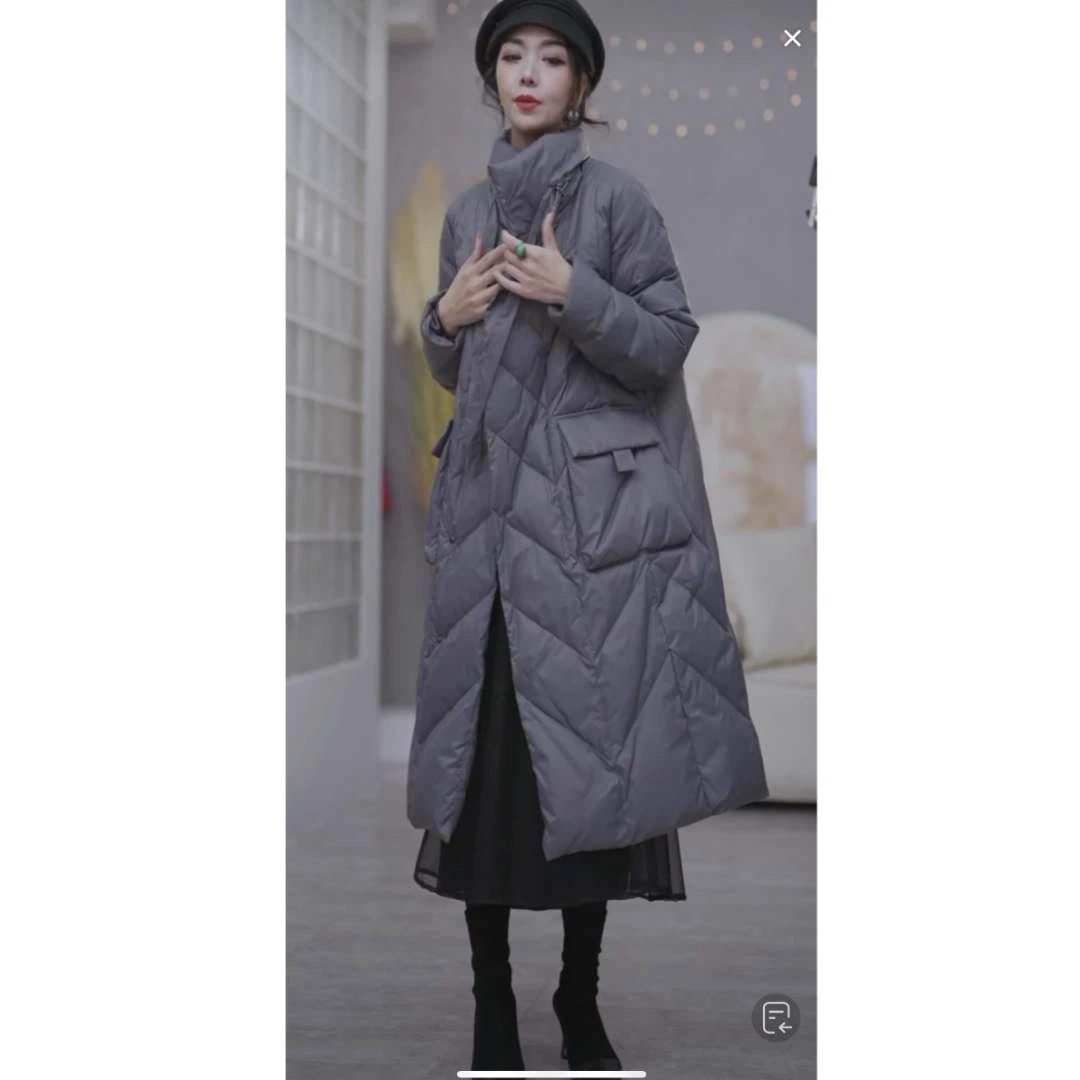 韩版冬季新款立领女复古简约长款纯色过膝白鸭绒羽绒服外套气质