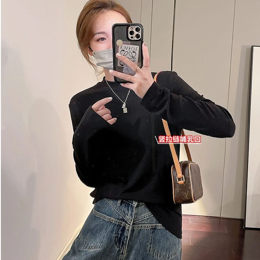 产后春秋哺乳打底衫薄款辣妈喂奶长袖上衣纯色经典百搭浦乳月子服