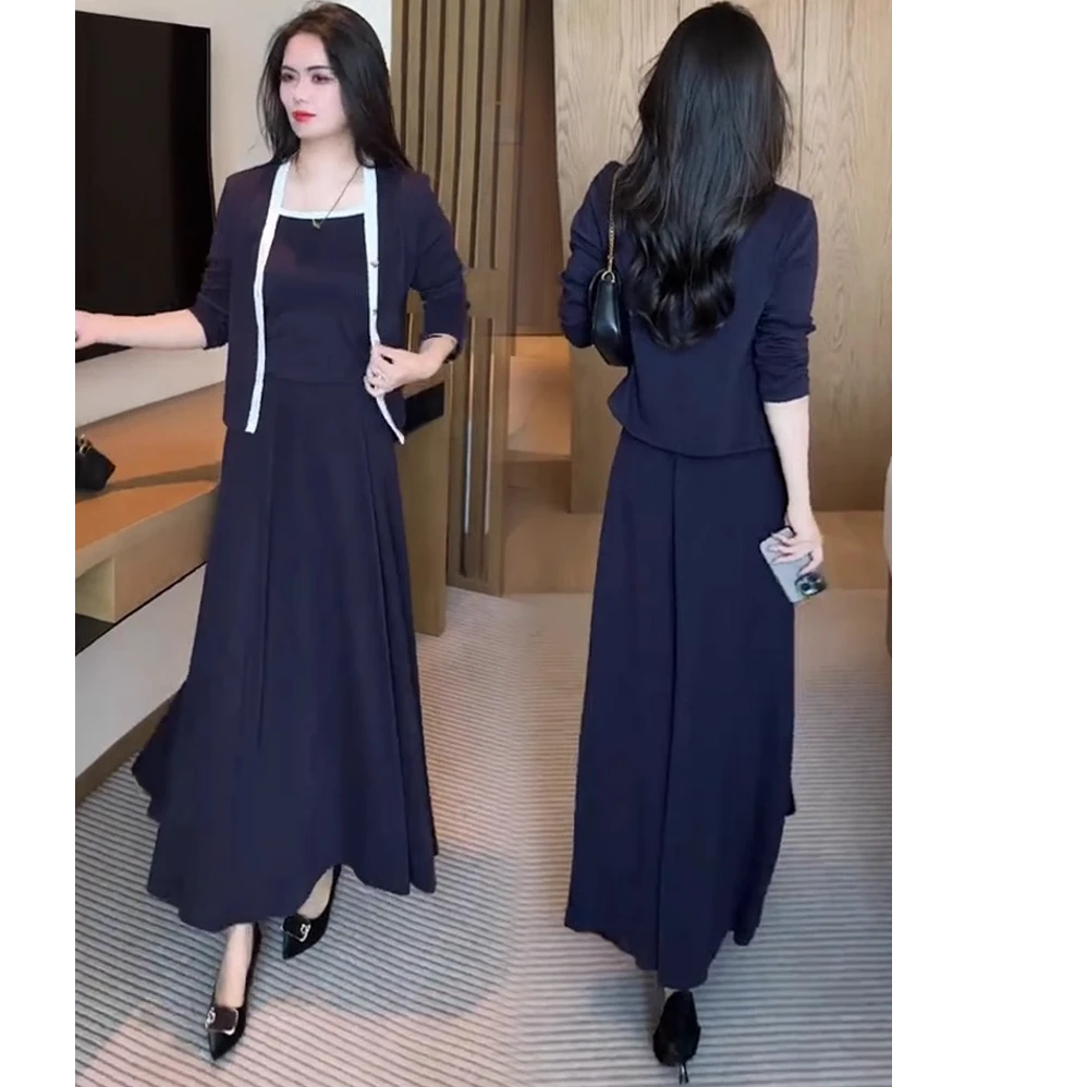 时尚连衣裙套装女2024秋季新款洋气显瘦开衫吊带半身裙休闲三件套