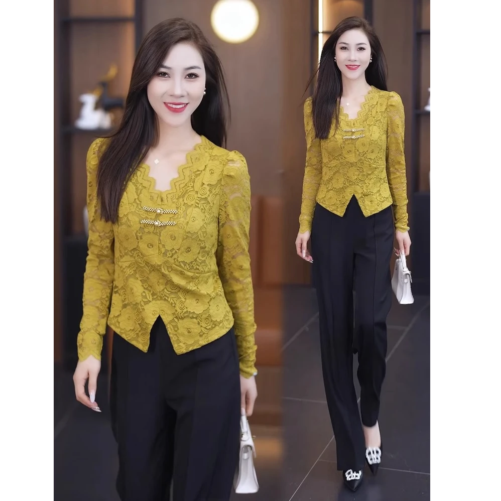 时尚套装女2024秋新款修身显瘦花边V领长袖蕾丝上衣阔腿裤两件套
