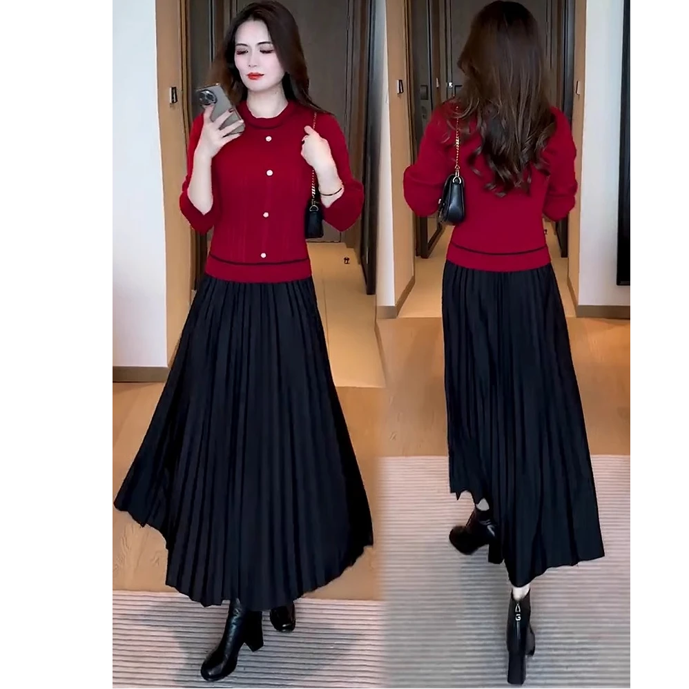 假两件针织连衣裙女2024秋冬新款时尚洋气百搭过膝打底毛衣长裙子