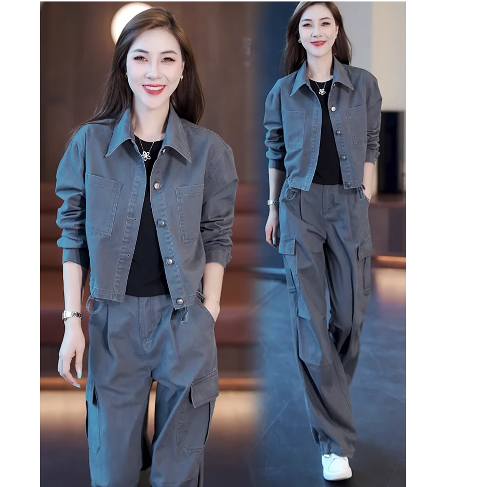 时尚牛仔套装女2024秋季新款洋气显瘦短款外套工装阔腿裤两件套潮