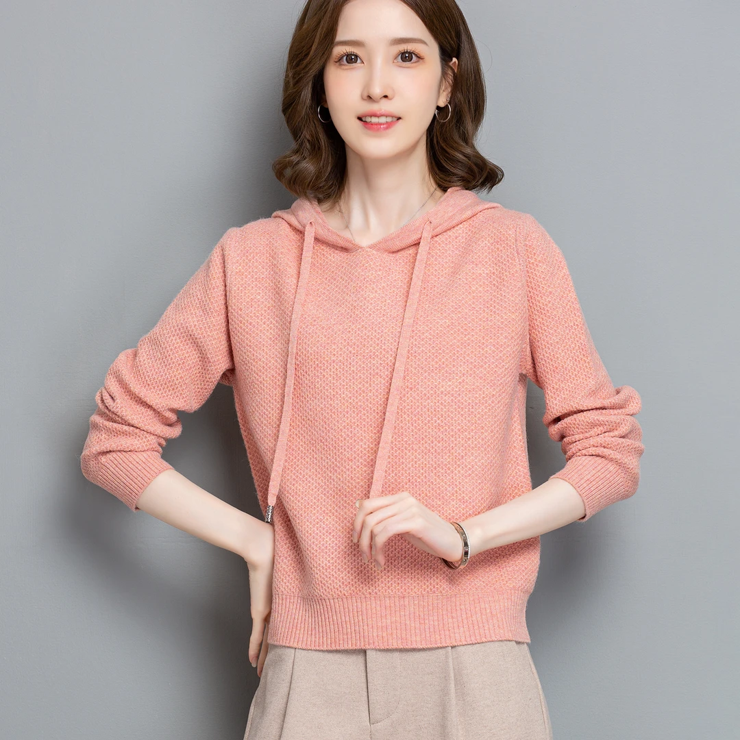 春秋新款针织衫女士纯色设计感连帽款百搭显瘦套头显年轻气质毛衣