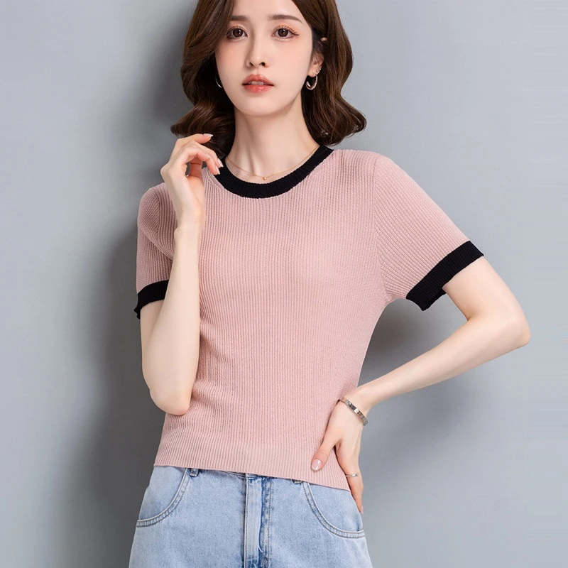 熹柔夏季针织衫短袖百搭短款圆领薄款时尚通勤女士套头设计感撞色