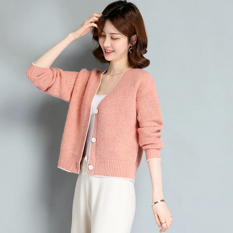 新款秋冬短款宽松V领毛衫时尚减龄洋气百搭女装长袖纯色开衫外搭